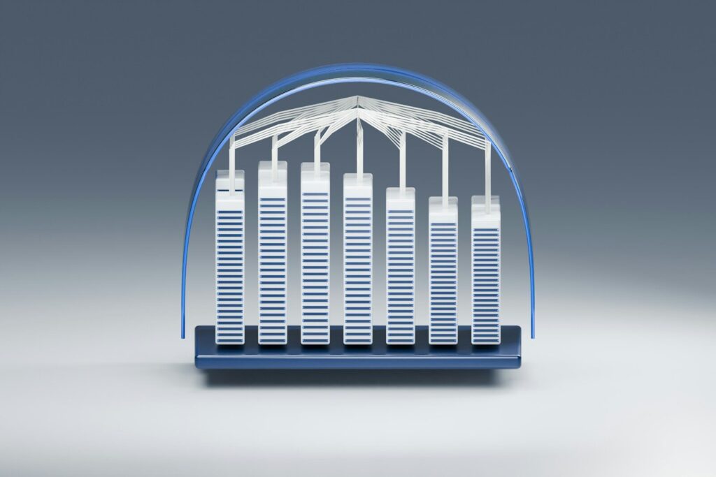 Seven white vertical bars connected by thin lines under a blue arch