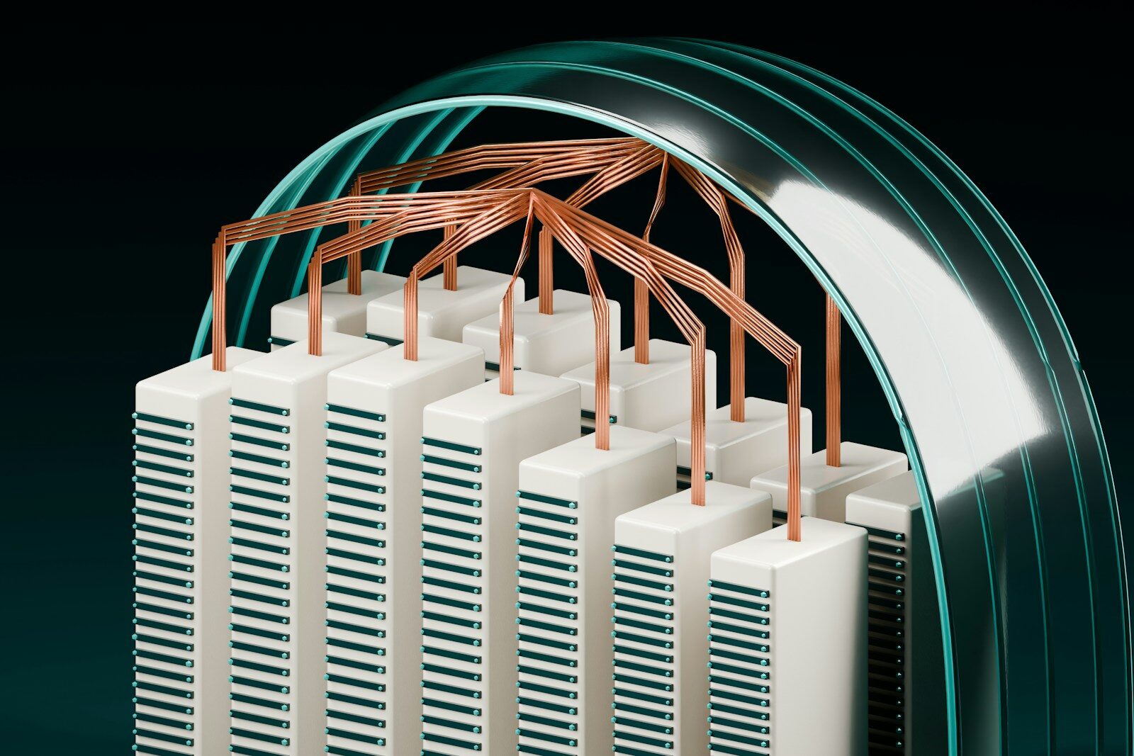 White rectangular towers with copper wiring connected to a curved teal arch